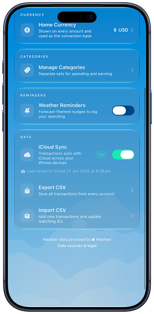 Weather Budget settings screen with reminders, iCloud sync, export, and import